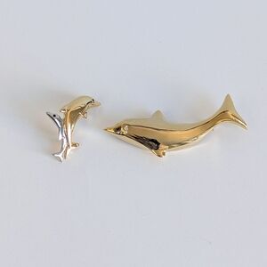 Vintage Gold Tone Dolphin Brooches Set of 2 Nautical Animal Lapel Pins Costume